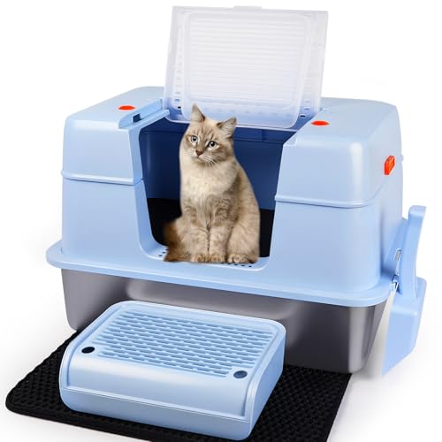 Vivifying Stainless Steel Litter Box with Lid, XL Side Entry Extra Large Litter Box for Big Cats & Kitty, Removable Enclosed Metal Cat Pan with High Sided Enclosure, Scoop, Mat, Footboard (Blue) - color: Blue