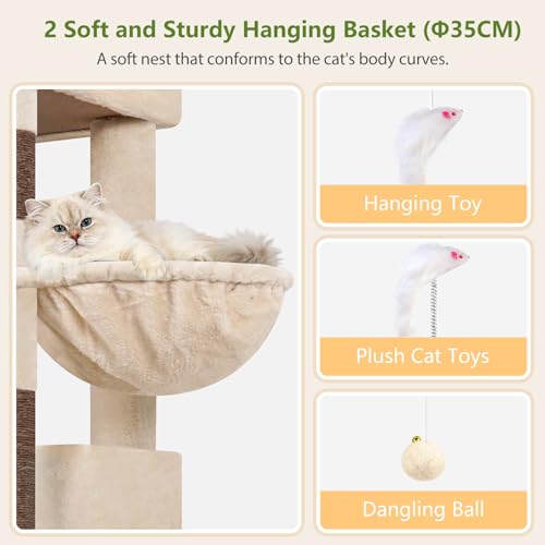 Globlazer 72in Heavy Duty Cat Tree Tower for Large Adult Cats, Multi-Level Cat Condo Stand with 2 Cozy Baskets & 6 Sisal Scratching Posts, S72E, Beige - color: Beige