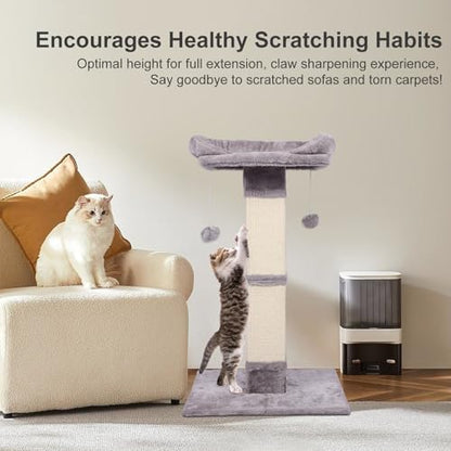 34" Tall Cat Scratching Post with Bed, Sisal Scratch Posts Trees with Plush Perch and Hanging Ball for Indoor Cats, Removable Cover, Large Scratch Post and Base, Rugged and Durable, Light Grey - color: Light grey