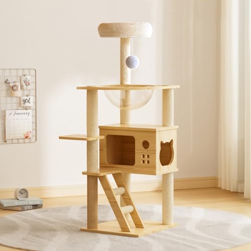 Modern Wooden Cat Tree Tower, 48.8 Inch, with Sisal Scratching Posts, Acrylic Hammock, Condo House and Ladder, for Indoor Cats