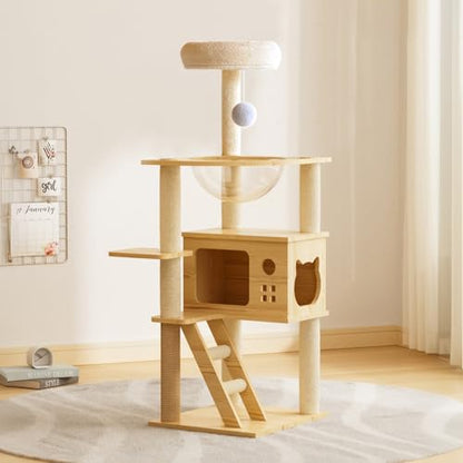 Modern Wooden Cat Tree Tower, 48.8 Inch, with Sisal Scratching Posts, Acrylic Hammock, Condo House and Ladder, for Indoor Cats