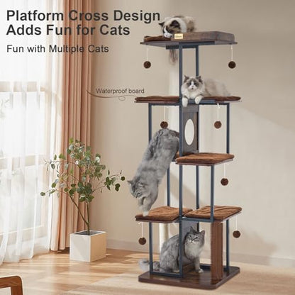 FourFurPets Extra Large Cat Tree, 66.4" XXL Cat Tower for Indoor Cats Large Adult 20lb+, Modern Cat Tree Tower with Scratching Post, Multi-Level Cat Condo, Big Perches, Rustic Brown