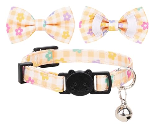 Cat Collar with Bow Tie Bell Breakaway Bowtie 2pcs Set Spring Plaid Flower Floral Solid Boy Girl Cute Kitten Safety B [Plaid & Solid] Yellow - color: B [Plaid & Solid] Yellow