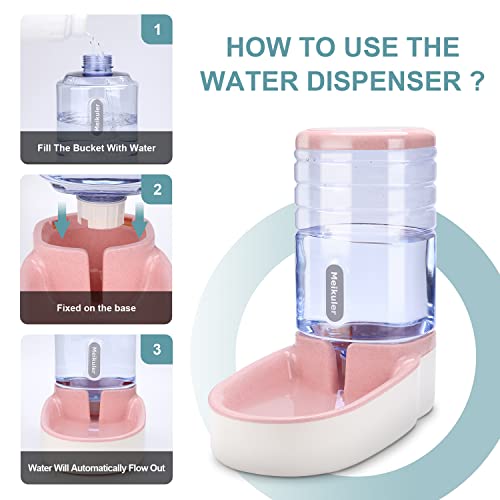 Meikuler Automatic Dog Cat Feeder and Water Dispenser Set,Waterer and Gravity Food Feeder for Small & Medium Dogs Cats Puppies,Large Capacity 1 Gallon x 2(Pink)