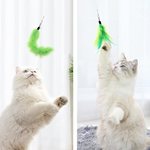 Cat Feather Toys Wand - 7 Pcs Interactive Cat Toys for Indoor Cats Kittens, Retractable Cat Wand with 6 Feather Teaser Refills with Bell, Cats Fishing Pole Toy, Green - color: Green