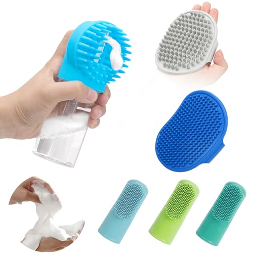 (6 Pcs) ELEGX Pet Grooming Bath Massage Brush with Soap and Shampoo Dispenser Soft Silicone Bristle for Long Short Haired Dogs Cats Shower (Deep blue kit) - color: Deep blue kit