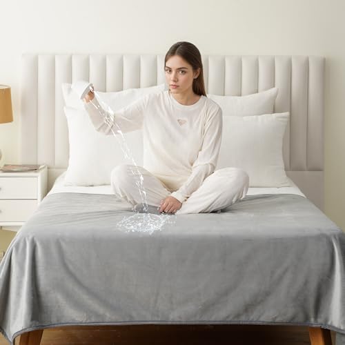 Water Proof Blanket 50x60 Inches - Reversible Flannel Blanket for Bed, Sofa,Couch- Spillproof, Leakproof Soft Double-Sided Light Grey Throw Blanket for Adults, Pets, Couples - color: Pure Light Grey, size: 50"x60"