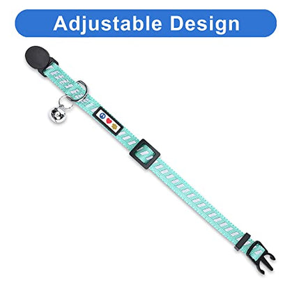 Pawtitas Personalized Teal Reflective Cat Collar – Adjustable Custom Collar with Safety Buckle, Removable Bell, and Engraved Name & Phone Number for Kittens and Adult Cats - color: Personalized Teal