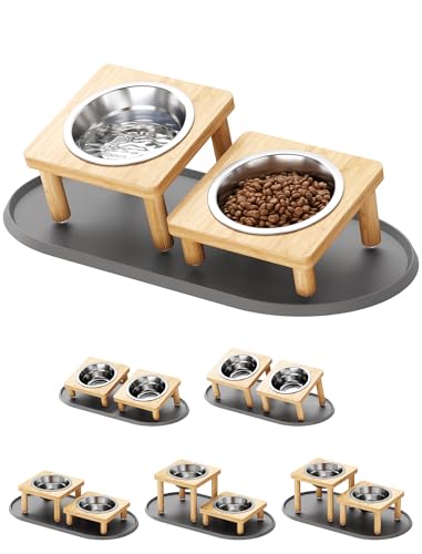 NiHome Elevated Cat Bowls with Food Mat for Indoor Cats, 5 Feeding Positions Raised Cat Bowl Bamboo Stand with 2 Stainless Steel Bowls, Whisker Friendly Dishwasher Safe Pet Food and Water Bowl