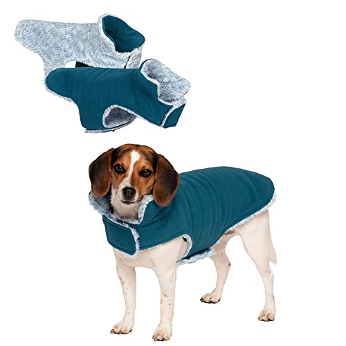 Furhaven Reversible Small Dog Coat, Washable & Insulating w/ Leash Access - Two-Tone Faux Fur & Quilted Fleece Flex-Fit Jacket - Marine Blue, Small - color: Marine Blue, size: SM