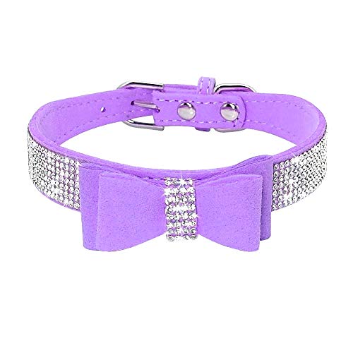 Rhinestone Dog Collar, Cute Dazzling Sparkling Soft Suede Leather Adjustable Pet Dog Cat Collar Crystal Diamond for Puppy Small Medium Large Dogs (XS:21-27 cm, Purple-1) - color: Purple-1, size: XS:21 - 27 cm