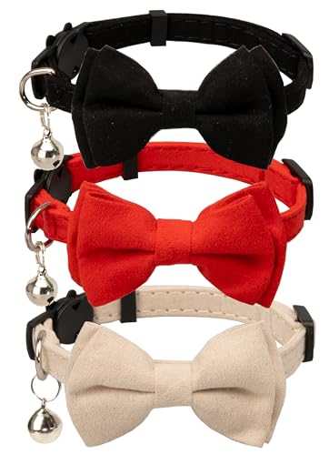 Cat Collar with Bow Tie Bell Breakaway Kitten Small Pet Safety Solid Wedding Basic Pure Color Suede Soft Adjustable [3pcs] Black & Cream & Red - color: [3pcs] Black & Cream & Red