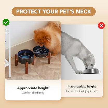 Havniva 0.9 Cup Elevated Slow Feeder Dog Bowls, 6.1” Dog Slow Feeding Bowls + 6.1” Ceramic Dog Water Bowls Set with Acacia Wood Stand, Dog Food Bowls Puzzle Feeder for Small Dogs Non-Slip Anti-choking - color: 2 x Starry Sky + Stand - C, size: S- 6.1inch