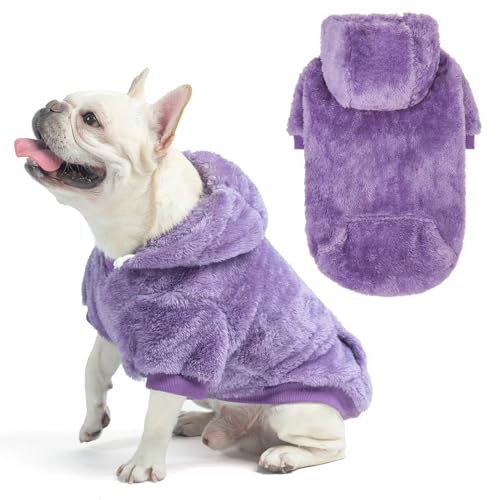 SCENEREAL Fleece Dog Sweaters Hoodie for Small Medium Large Dogs Girls Boys, Plush Fuzzy Dog Clothes Hoodies with Leash Hole, Winter/Fall Puppy Cold Weather Coat, Sherpa Hooded Sweatshirt, Purple M - color: Purple, size: Medium