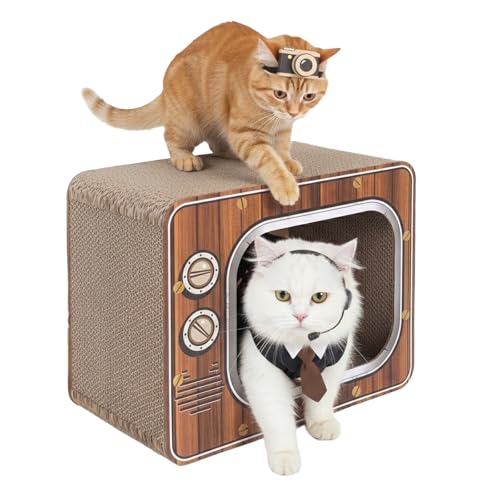 Cardboard Cat House with Scratch Pads, Durable 2-Story Corrugated Cat Scratcher Playhouse with Windows for Indoor Cats & Small Pets, Easy Assembly, 15.5" L × 8.46" W × 12.4" H - color: Dark Brown