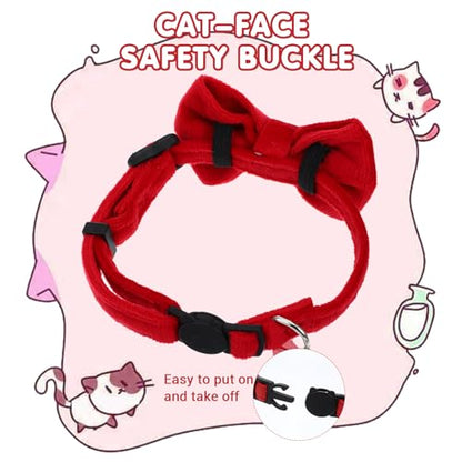 2pcs Red Cat Bowtie Collar, Cat Collar with Bells, Cats Bow Tie, Small Pet Safety Wedding Valentine's Day Basic Pure Color Suede Soft Adjustable 7-13 Inches