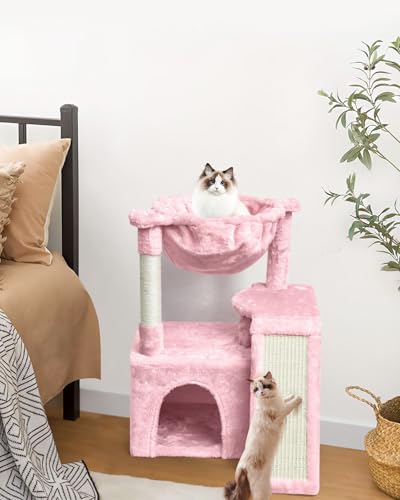 SYANDLVY Cat Tree for Indoor Cats Large Adults, Modern Activity Tower with Scratching Posts & Board, Condo with Plush Perch, Climbing Stand with Cradle & Hanging Ball for Play, Pink - color: Pink