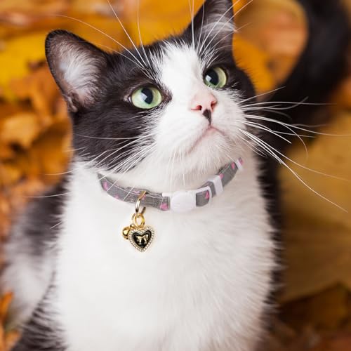 2 Pack Cotton Breakaway Cat Collar Pink and Gray Heart Shaped Pendant Cute Kitten Cat Collar with Bell - color: Pink&Gray