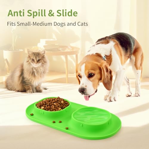 Small Size Puppy Dog Bowls: Food and Water Bowls Set for Small Dogs, No-Spill Non-Skid Dog Dish, Green - color: Green
