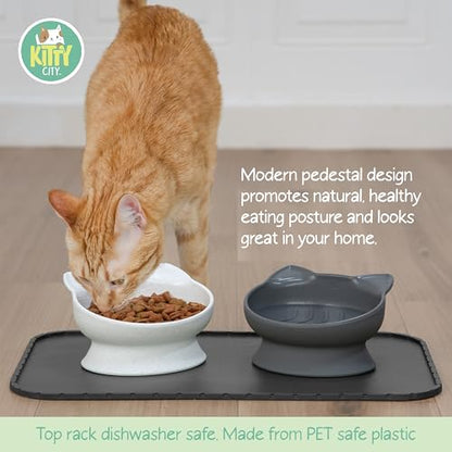 Kitty City Elevated Slow Feeder Cat Bowls (Set of 2), Whisker-Friendly Raised Cat Food Dishes with Ridges, Helps Reduce Fast Eating & Digestion Issues, Dishwasher Safe, 10.8 oz – White & Gray - color: White & Gray, style: Large - Slow Eat
