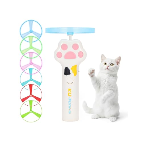 Cat Chase Fetch Toy - Rechargeable Disc Launcher with 6 Flying Spinners - Best Interactive Pet Hunting Toys for Indoor Outdoor Yard Cats Dog (White) - color: White