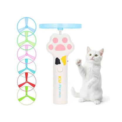 Cat Chase Fetch Toy - Rechargeable Disc Launcher with 6 Flying Spinners - Best Interactive Pet Hunting Toys for Indoor Outdoor Yard Cats Dog (White) - color: White