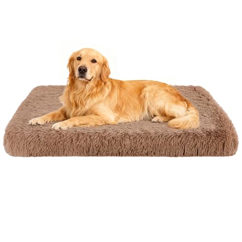 Fluffy Orthopedic Dog Beds for Large Dogs with Washable Removable Cover Dog Crate Bed Egg Crate Foam Support Plush Pet Pad Mat with Anti-Slip Bottom (42 * 28,Khaki) - color: Khaki, size: 42"L*28"W