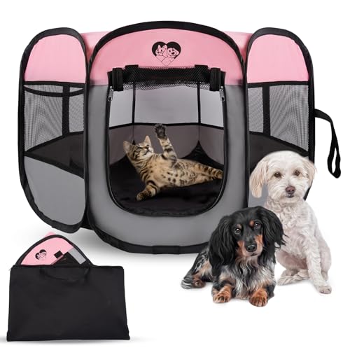 Dog Cat Playpen,Portable Foldable Tent- Pet Outdoor Exercise Crate Cage for Medium Dogs,Travel Camping Use for Small Animals with Carrying Case,Indoor Kennel for Sleeping(Pink,M) - size: Medium