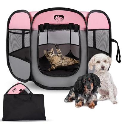 Dog Cat Playpen,Portable Foldable Tent- Pet Outdoor Exercise Crate Cage for Medium Dogs,Travel Camping Use for Small Animals with Carrying Case,Indoor Kennel for Sleeping(Pink,M) - size: Medium