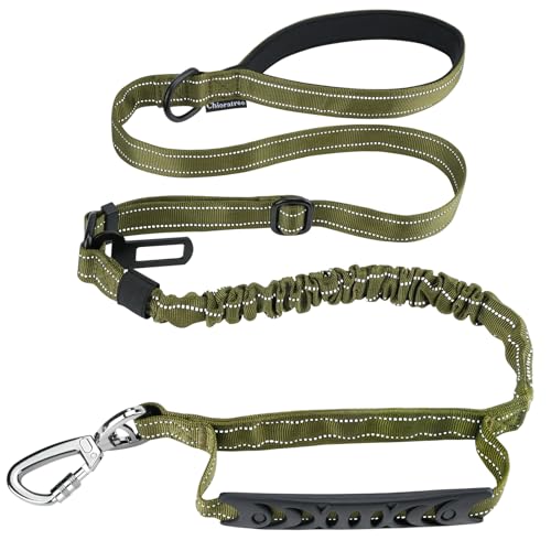 Tactical Dog Leash Heavy Duty, 4-6FT Shock Absorbing Bungee Dog Leash, Reflective Military Strong No Pull Dog Leash with 2 Padded Handle and Car Seatbelt for Medium Large Dogs, Army Green - color: Army Green