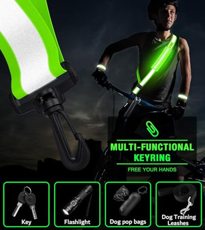 Ylzzrs LED Belt Reflective Sash for Walking at Night,High Visibility Adjustable Night Running Safety Gear,Light Up Running Belt Reflective Gear with Phone Bag/Armband for Runners Walkers Men Women - color: Green