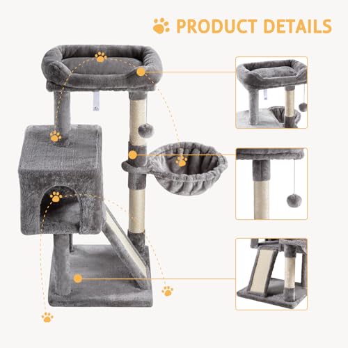 SHA CERLIN Cat Tree 36 Inches Cat Tower with Hammock, Sisal Scratching Post for Indoor Kittens, Small Room, Grey