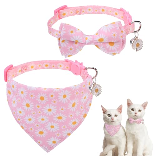SCENEREAL Spring Cat Collar Breakaway with Bells, 2 Pack Cute Flower Pet Collar with Removable Bow Tie and Bandana, Adjustable Safety Buckle with Daisy Pendants for Girl Cats Kitten - color: Bandanas & Bow (Daisy-Pink)