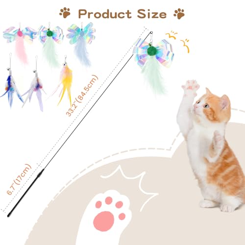 Pawaboo Feather Teaser Cat Toy, Interactive Feather Wands Cats Toy Flying Feathers Cat Catcher with Extra Long 34.5" Wand and Small Bell, Exerciser Playing Toys, 1 Wand + 6 Feathers, Colorful - color: Z-Colorful