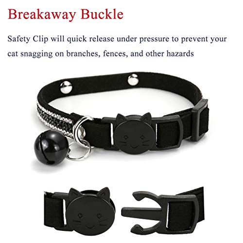 Mogoko Personalized Breakaway Cat Diamond Collar, Customized Bling Kitten Pet Collar with Engraved ID Name Plate and Bell(Black - color: Black