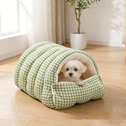 Small Cat Dog Cave Bed Calming Pet Nest Warm Plush Covered Cat House with Hooded Blanket Removable Hooded Blanket Cushion Washable Soft Calming Indoor Cat Bed (Green, Medium) - color: Green, size: Medium