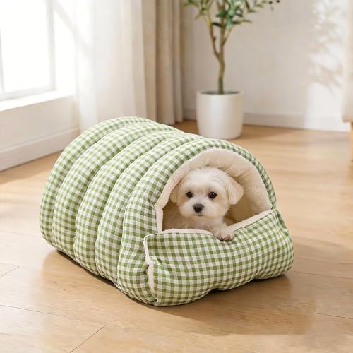Small Cat Dog Cave Bed Calming Pet Nest Warm Plush Covered Cat House with Hooded Blanket Removable Hooded Blanket Cushion Washable Soft Calming Indoor Cat Bed(Green, Small) - color: Green, size: Small