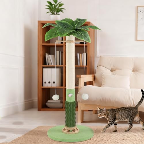 Cat Scratching Post,37.5'' Tall Palm Tree Natural Sisal Scratching Post for Indoor,Stable Vertical Cat Scratcher with Mouse Hole Toy,Rotating Interactive Ball Self Groomer for Full Body Stretching