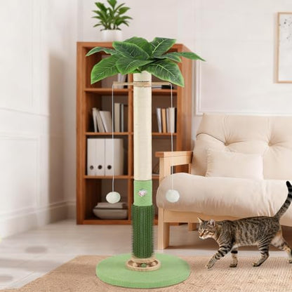Cat Scratching Post,37.5'' Tall Palm Tree Natural Sisal Scratching Post for Indoor,Stable Vertical Cat Scratcher with Mouse Hole Toy,Rotating Interactive Ball Self Groomer for Full Body Stretching