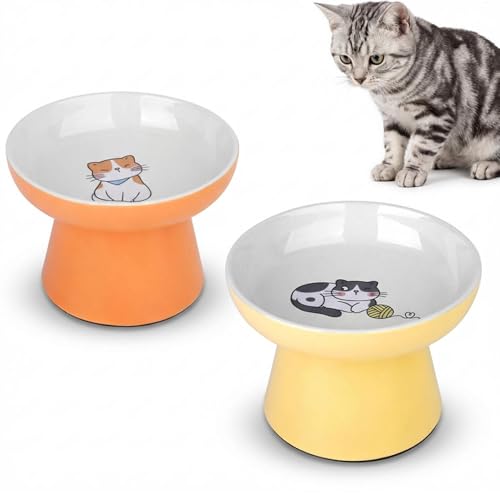 Elevated Cat Bowls,2 Pcs Ceramic Raised Cat Food Bowls with Non-Slip Base,Whisker-Friendly Shallow Design,Lead & Cadmium Free Pet Feeder,Dishwasher and Microwave Safe (Orange&Yellow) - color: Orange&Yellow