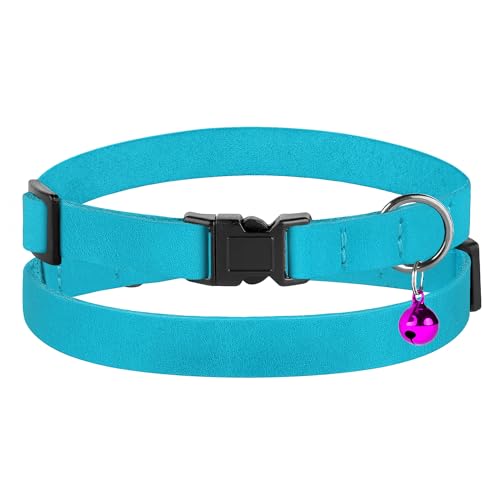 Breakaway Cat Collar Leather with Removable Bell - 13 Colors Available - Soft Adjustable Girl Boy Safety Lightweight Pet Kitten Collars Pink Brown Blue Green Red Orange Black (Aquamarine) - color: Aquamarine