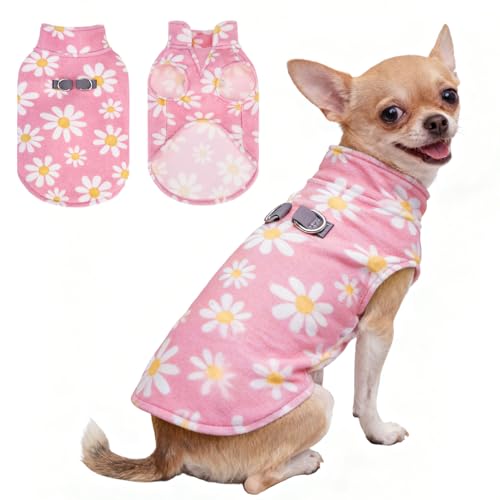 BEAUTYZOO Dog Fleece Vest Sweater Winter Jacket for Small and Medium Dogs with D-Ring Leash Cold Weather Coat Hoodie for XS S M Dogs Boy or Girls,Pink Daisy XS - color: PINK DAISY, size: X-Small