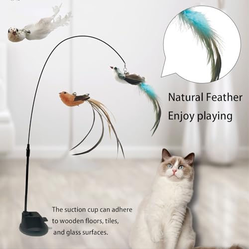 9PCS Suction Cup Cat Toy Set, Interactive Cat Toys for Indoor Cats with 2 Flexible Wands, Strong Suction Base and 3 Replacement Bird 3 Feather Toys with Bells for Kittens and Adults