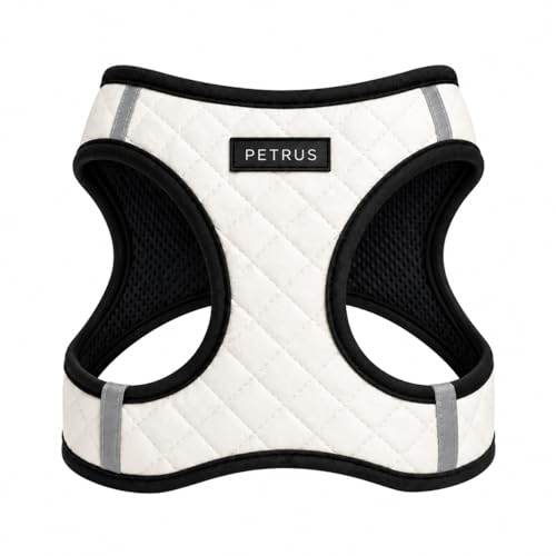 Step in Dog Cat Harness Lightweight Breathable Mesh Soft Padded Pet Vest Vegan Leather Choke Free Escape Proof for Small Medium Dogs (White, Large) - color: White, size: Large: Neck=12.5-14''/Chest:18-21''