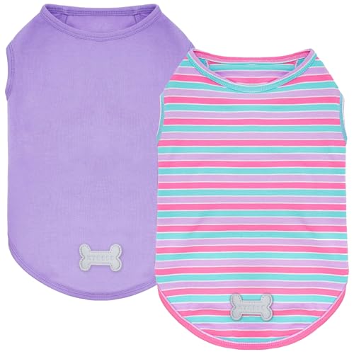 KYEESE 2Pack Dog Shirt, Soft Striped Dogs T Shirts, Lightweight Doggie Tank Top Cat Clothes, Sleeveless Dog Shirt for Small Dogs, Stretchy Pet Vest, Purple+Blue Striped, Medium - color: 04# 2Pack (Purple+Purple Striped), size: Medium (7-13lbs)