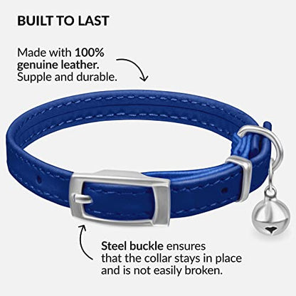 CollarDirect Leather Cat Collar with Removable Bell – Safety Elastic Strap (Breakaway Alternative) – Kitten Collar for Small & Big Boy & Girl Cats - color: Navy Blue, size: 6-7 Inch