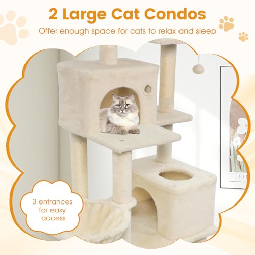 PETSITE 66 Inches Tall Cat Tree, Multi-Level Cat Tower with Sisal Scratching Posts, Side Basket, 2 Comfy Condos, Hammock, Soft Padded Top Perch, and Hanging Balls, Ideal for Indoor Cats (Beige) - color: Beige