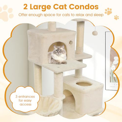 PETSITE 66 Inches Tall Cat Tree, Multi-Level Cat Tower with Sisal Scratching Posts, Side Basket, 2 Comfy Condos, Hammock, Soft Padded Top Perch, and Hanging Balls, Ideal for Indoor Cats (Beige) - color: Beige