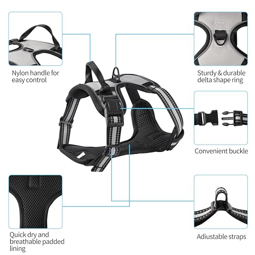 Gray No-Pull Dog Harness with 2 Leash Clips，Soft Padded Vest for Medium Dog, Adjustable Reflective Dog Vest Easy to Put on and Take Off, (Neck: 14"~20", Chest: 21"~27", Gray M) - color: Gray, size: Medium