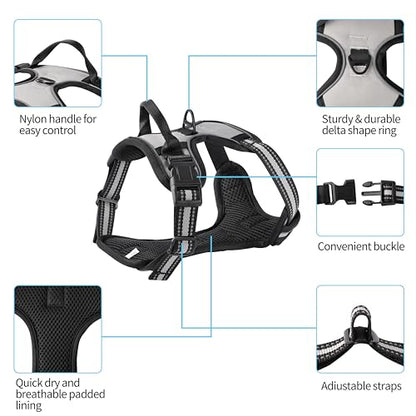 Gray No-Pull Dog Harness with 2 Leash Clips，Soft Padded Vest for Large Dog, Adjustable Reflective Dog Vest Easy to Put on and Take Off, (Neck: 17"~24", Chest: 24"~32",Gray L) - color: Gray, size: Large